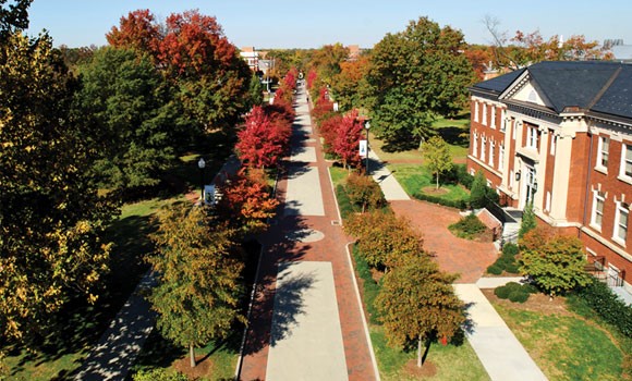 aerial photo of College Avenue on UNCG campus